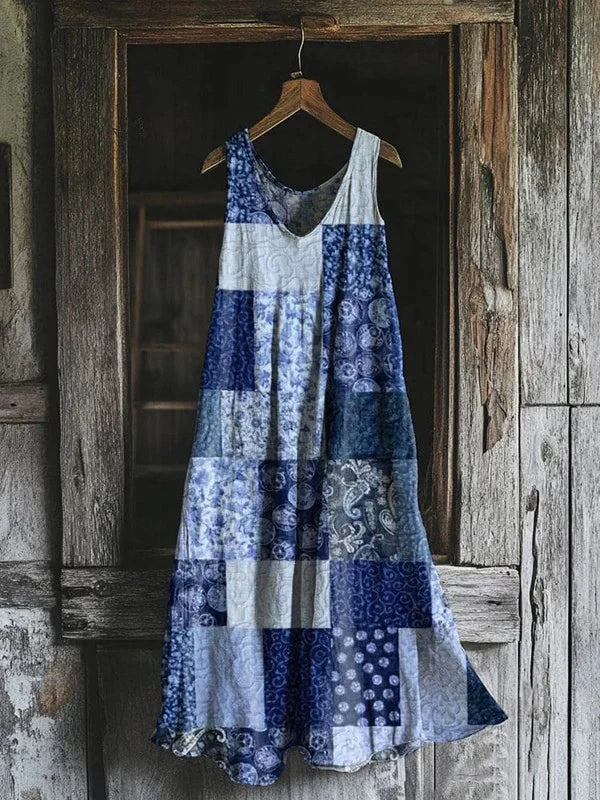 Garance – Blue Patchwork Pattern Dress
