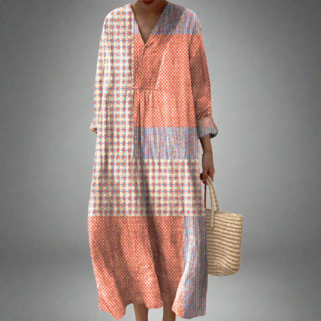 Nora | Coral Starburst Midi Patchwork Dress