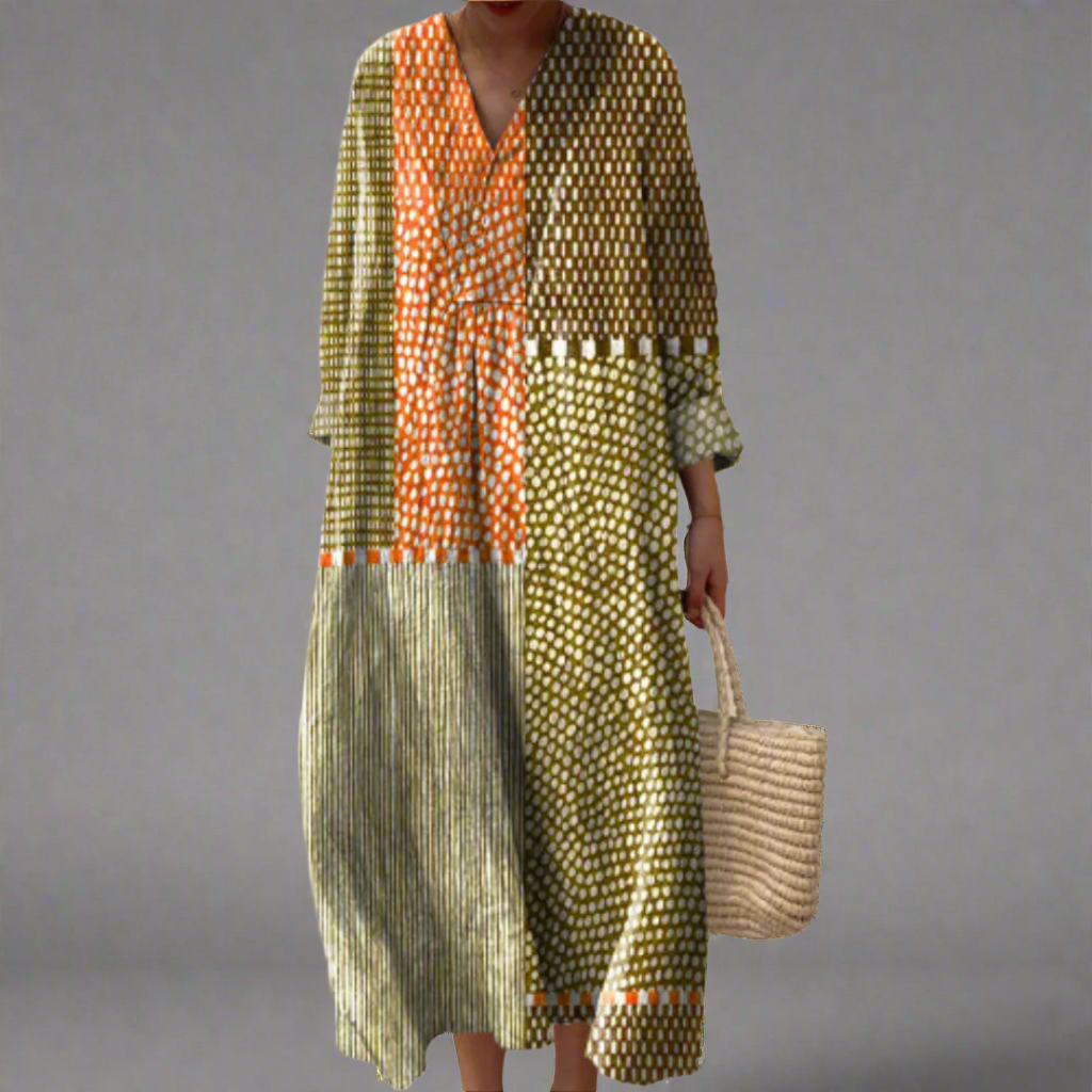 Vivienne | Midi Dress in Earthy Patchwork with Dots