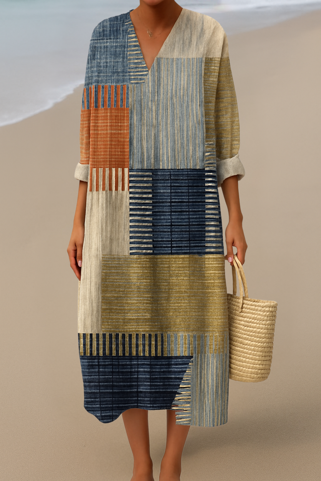 Maxi Dress with Patchwork Pattern – Natural Colors for a Bohemian Look